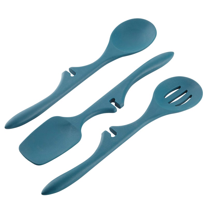 Rachael Ray Kitchen Tools and Gadgets Nonstick Utensils/Lazy Spoonula, Solid and Slotted Spoon, 3 Piece, Marine Blue - Image 1
